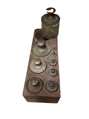 Antique Brass Scale Weight 9 Piece Set 2 Kilo To 20 Gram Wood Case Marked RP 40?