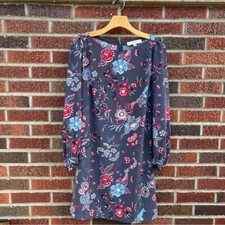 LOFT Gray Blue and Red Floral Print Long Sleeve Chiffon Midi Dress