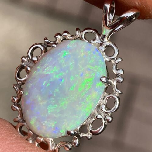 Australischer weißer Opal Anhänger oval Sterlingsilber 4+ kt massiver natürlicher Edelstein f057 - Bild 7 von 11
