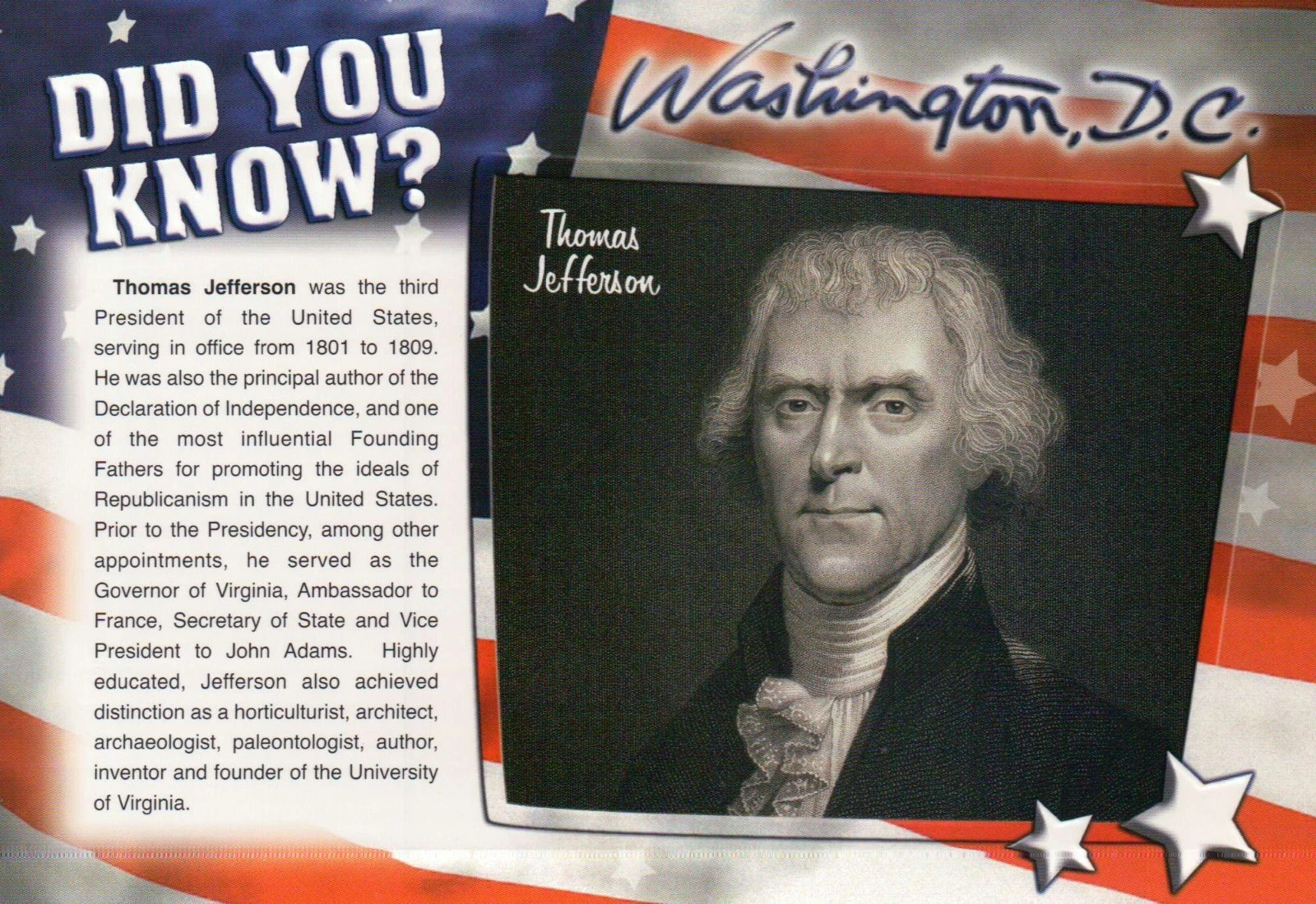 President Thomas Jefferson Facts, Washington D.C. --- 5"x7" Historical Postcard - Picture 1 of 2
