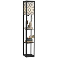 4-Tier Wooden Shelf Floor Lamp with Honeycomb Shade, E27, Black/White 160cm