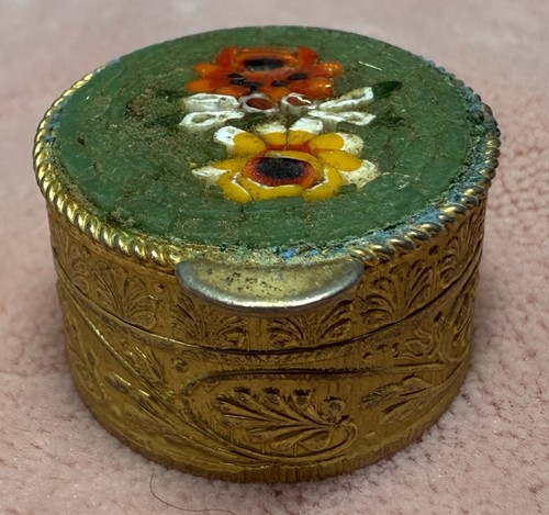 Antique Italian Micro Mosaic Brass Trinket Pill Box Floral Grand Tour Style VTG