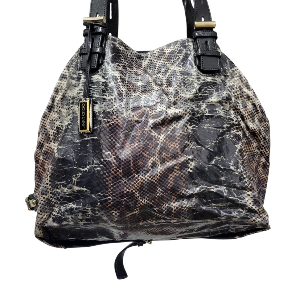 Bolso de hombro grande Jimmy Choo de piel de serpiente negro marrón para mujer. Made in Italy Foto 4 de 4