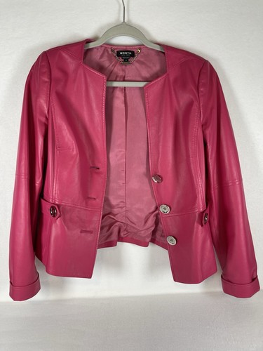Worth Hot Pink Genuine Leather Blazer 8 Sexy Jacket Blouse - Picture 10 of 10