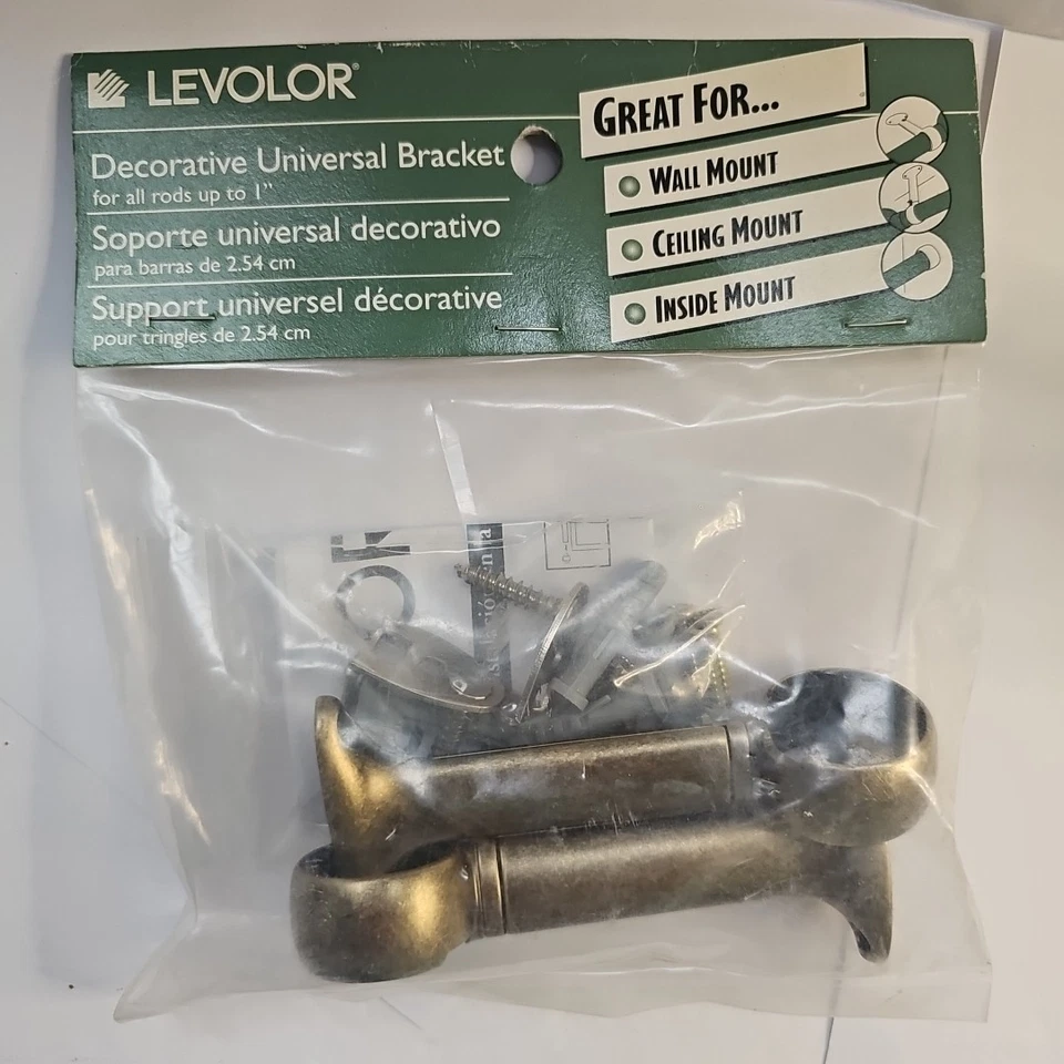 Soporte de barra de cortina universal Levolor hasta 1" varillas redondas montaje en 3 vías latón 2ct Foto 2 de 4