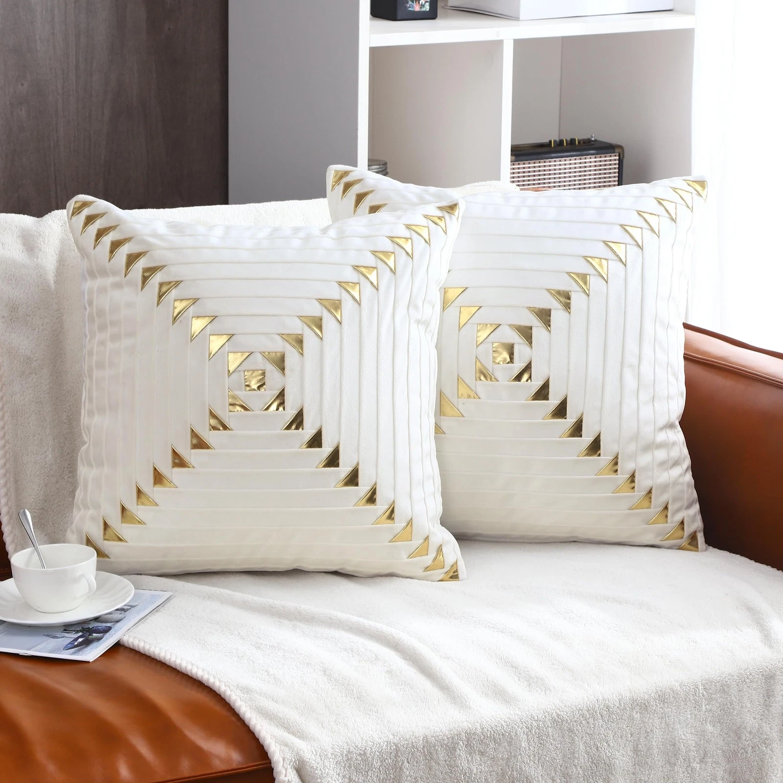 White Velvet Throw Pillow Covers 18x18 inch Pack of 2 with Gold Leather Chris...