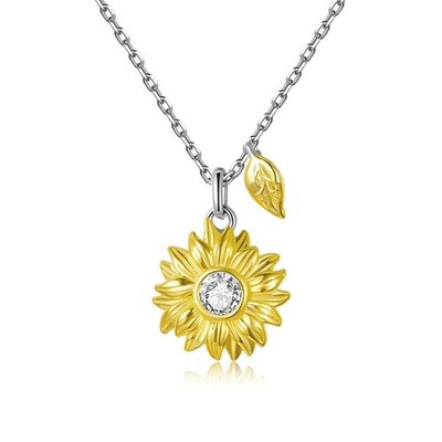 925 Sterling Silver Sunflower Necklace Two Tone CZ Pendant