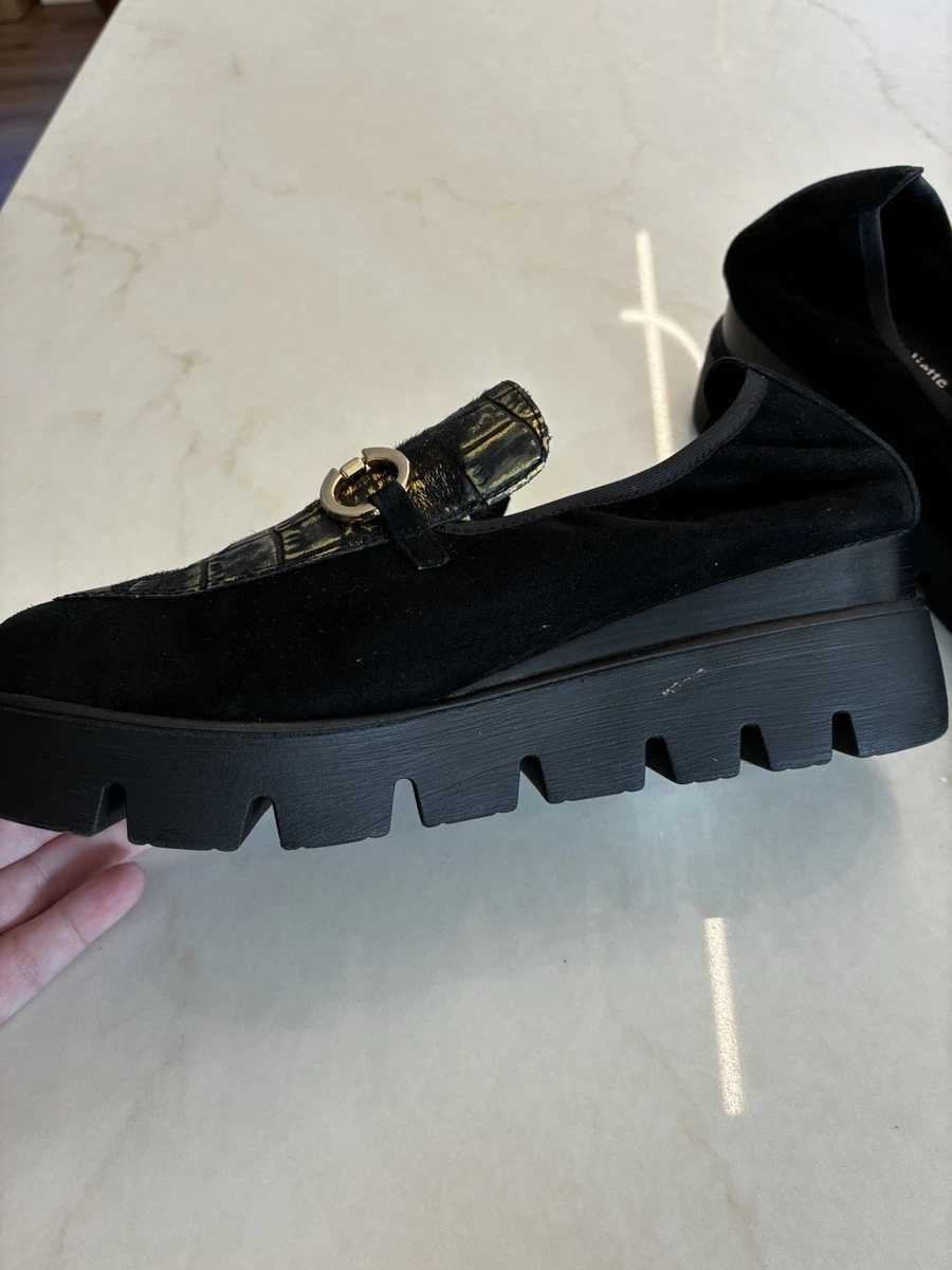 Django & Juliette Rhodes Black Suede Chunky Platform Loafers Gold Horsebit Sz 37