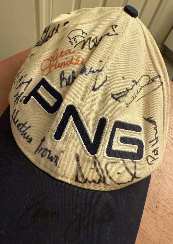 Vintage PING by Karsten Signed Golf Hat White Navy Strapback 19 Signatures Rare - Image 4 of 4