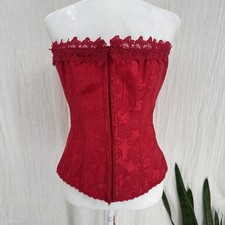 Fredericks Of Hollywood Corset Size 32 Y2K Red Brocade Floral Lace Up Indie Vtg