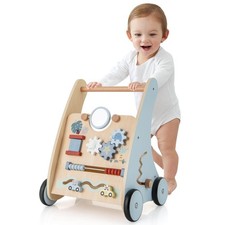 Wooden Baby Walker Push  Pull Walker w/ Multi-Activity Learning Center