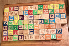 CHILDS WOOD PLAY BLOCKS, 81 PIECES, LETTERS, NUMBERS, PICS NICE SHAPE 1 3/4" J