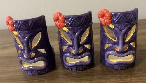 Set Of 3 Yankee Candle Purple Tiki Mask Ceramic Tealight Candle Holders NWT - Picture 1 of 8