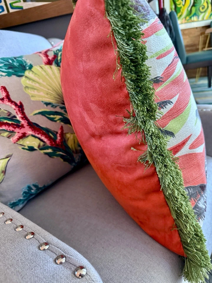 Waikiki Sunset Palms with Deer Hollywood Regency Barkcloth Vintage Pillow Cover - Image 4 of 4