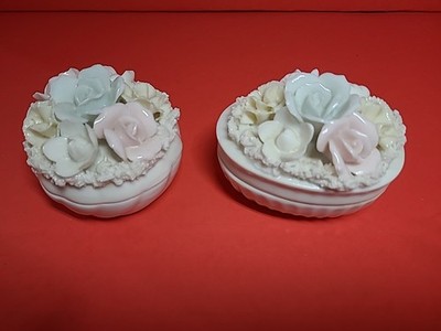 2 Vintage  Lenwile China Ardalt JAPAN Verithin Flower Porcelain Trinket Boxes