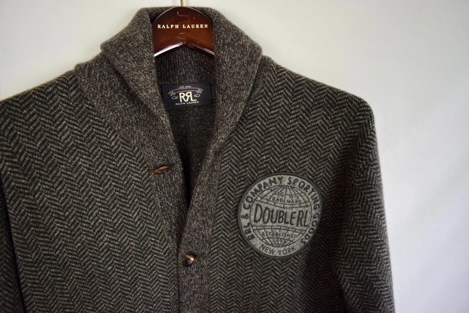 Cárdigan de carreras RRL Ralph Lauren años 30 inspirado parche marrón espiga lana Foto 3 de 4