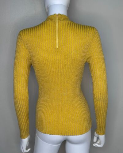 Vintage 1970s Mustard Yellow and Gold Lurex Ribbed Mock Neck Sweater 70s K-Mart - Picture 2 of 5