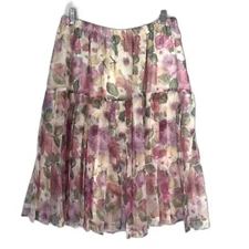Cream Pleated Aline Knee Length Cottage Core Skirt 16 Floral Print Whimsical