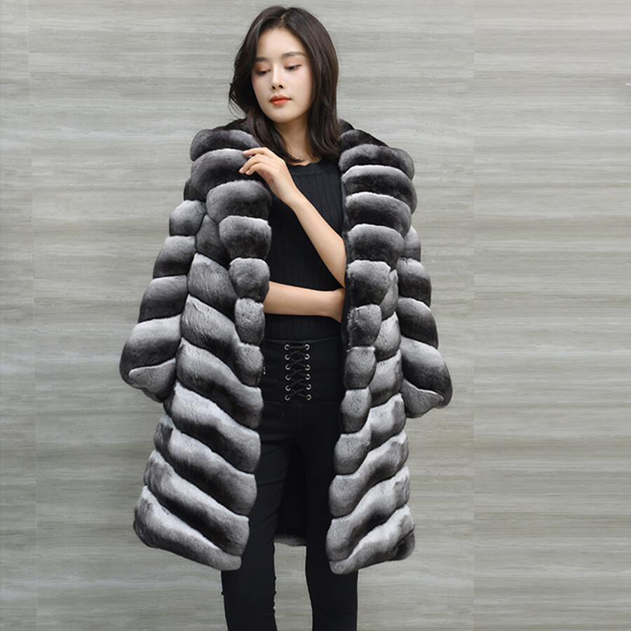 Winter Women's Chinchilla Genuine Rex Rabbit Fur Coat Lapel