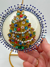VTG Ball Satin Beaded Push Pin Hand Made Christmas Embellished Ornament 5" Tree