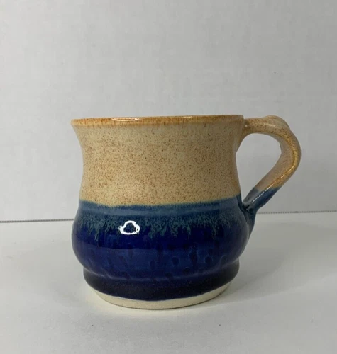 Hand-thrown Studio Artisan Pottery Mug Cup Blue Beige Stamped 3.5 inches tall