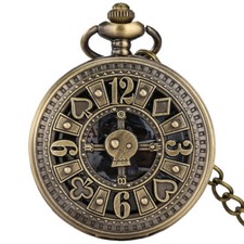 Steampunk Skull Poker Design Analog Pocket Watch Quartz FOB Chain Christmas Gift