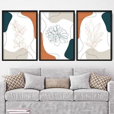 Terracotta Green Floral Prints - Set of 3 Boho Mid Century Line Art, Wall Art