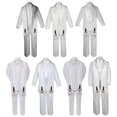 New 6pc Baby Toddler Boy Guadalupe Communion Baptism White TUXEDO Style Stole