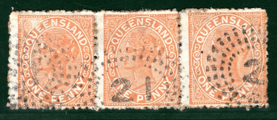 Australia States QUEENSLAND QV Stamps Strip of 3 1d *21* Numeral Used EBLUE108 - Image 2 of 4