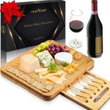 NutriChef Bamboo Food Serving & Food Slicer Platter - Cheese Board Presentation