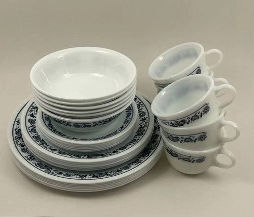 Corelle Old Town Blue Set of 30 Service for 6 Vintage with PYREX Milk Glass Cups