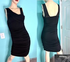 Vtg Y2K EXPRESS "Little Black Dress" Stretch Sexy Asymmetric Ruched Tank Party~S