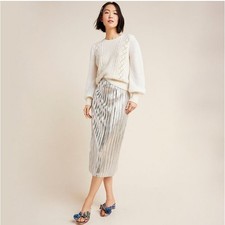 Maeve Anthropologie Nikola Silver Metallic Pleated Midi Skirt Size 0