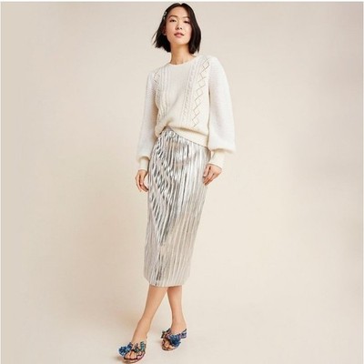 Maeve Anthropologie Nikola Silver Metallic Pleated Midi Skirt Size 0