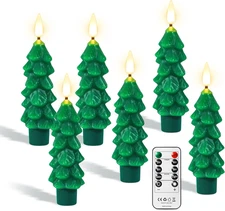 yunsheng 6Pcs Christmas Tree Candles with Remote Timer, Green Real Wax Flameless