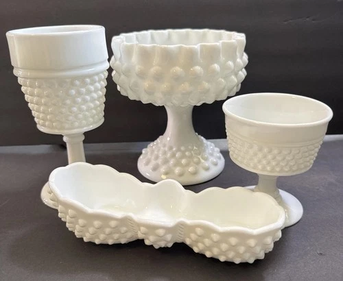 VTG Fenton Milk Glass Lot 4 Hobnail Bowl Vase Spooner Goblet Cottage Core Decor