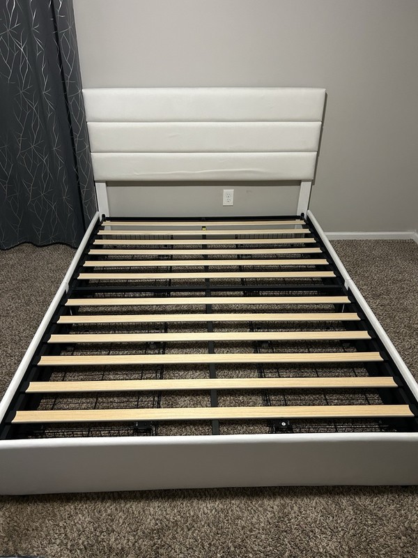 Queen Upholstered Platform Bed Frame with Headboard, Slatted Foundation White