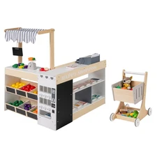 Kids Grocery Store Playset Wooden Pretend Play Supermarket w/ Shopping Cart