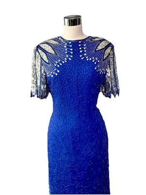 LAURENCE KAZAR Gorgeous Vintage 80's Sequins Beaded Blue Dress with Open Back S