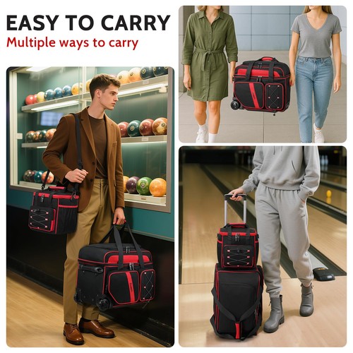 Borsa da Bowling a 3 Palline con Ruote, 2 Sacchetti Doppio Rullo Grande, Rosso  - Foto 6 di 6
