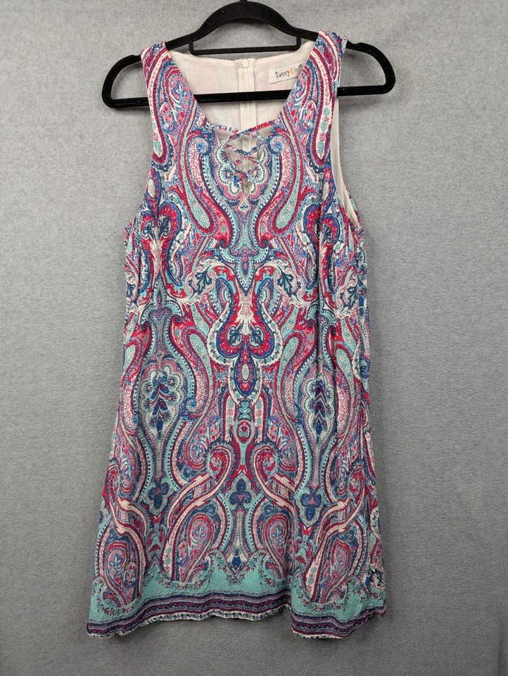 Sunny Girl Dress Womens 10 Red Multicoloured Sleeveless A-Line Lined Work Caual