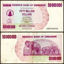 Zimbabwe 50 Million Dollars Bearer Cheque, 2008, P-57, Used