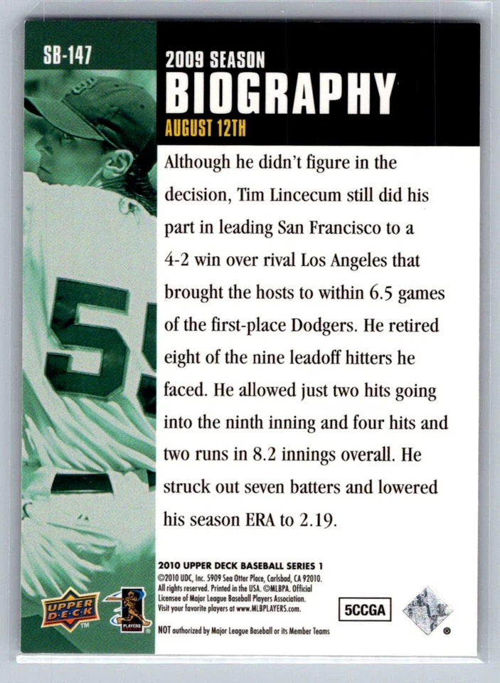💎2010 Upper Deck Season Biography #SB-147 Tim Lincecum - Giants💎 - Image 2 of 2