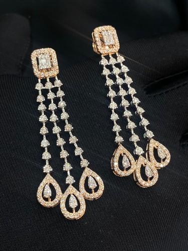 Pave 2.66 Cts Round Baguette Natural Diamonds Dangle Earrings 14K Two-Tone Gold - Picture 12 of 13