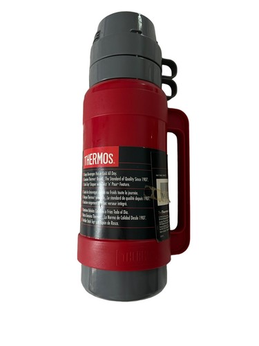 Old School Thermos Add A Cup Red Vacuum Insulated Beverage Water Bottle 1QT NEW! - Picture 2 of 9