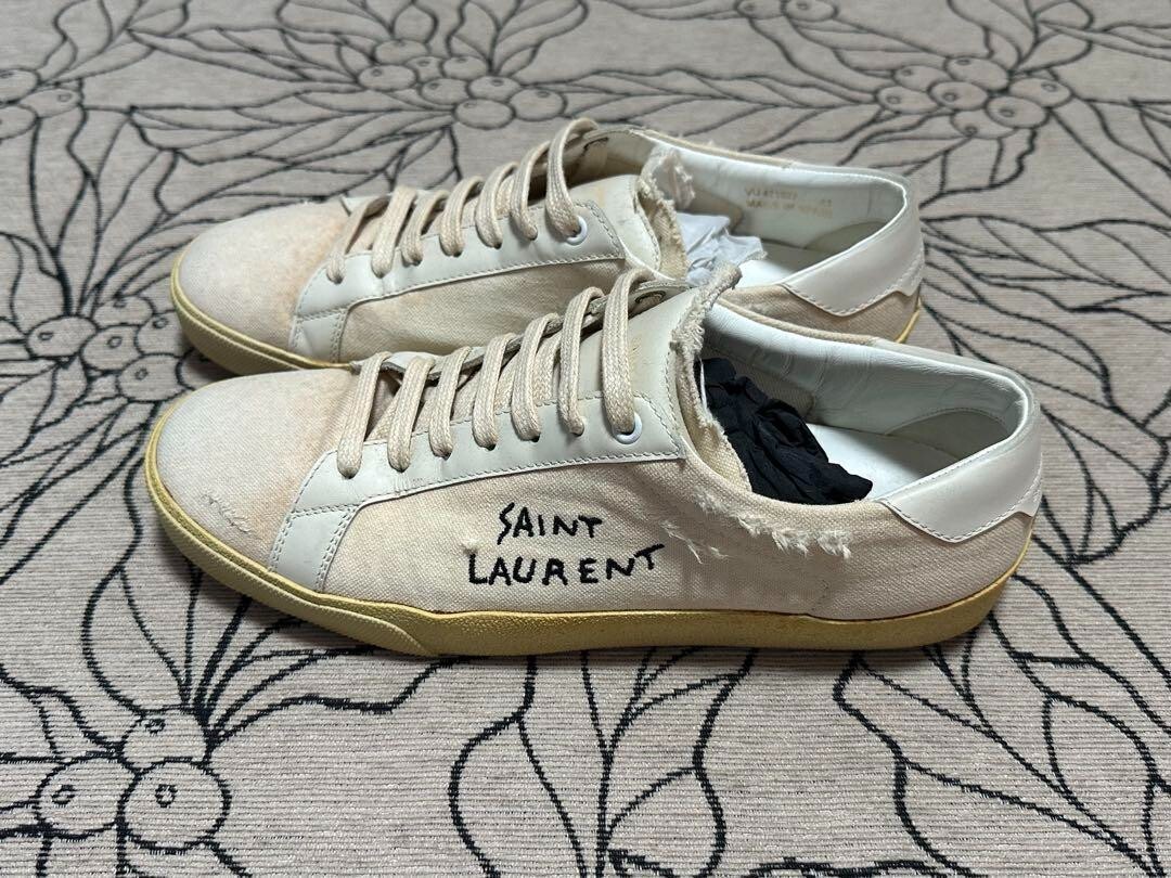 Sneakers basse stringate YSL Saint Laurent invecchiate uomo 41 US8 tela bianca
