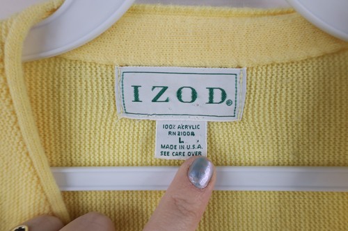 Vtg 90s Izod Mens Large Distressed Spell Out Knit Cardigan Sweater Yellow USA - Picture 7 of 10
