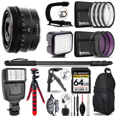 Sony FE 24mm f/2.8 G Lens  Video Kit + Flash +Monopad -64GB
