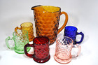 Vintage Mid Century Modern MCM Glass Amber Pitcher with 5 Colored Cups Mugs Set