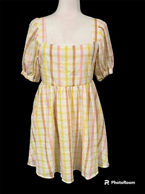 NWT Mable PINK/YELLOW/ORANGE STRIPED PUFF SLEEVE TIE BACK DRESS SIZE M